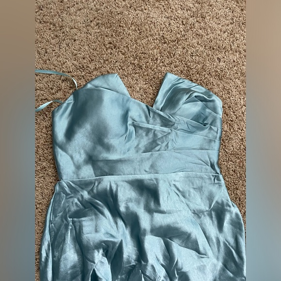 JASLYNN MIDI DRESS - STRAPLESS V NECK SATIN DRESS IN ICE BLUE - Picture 2 of 9